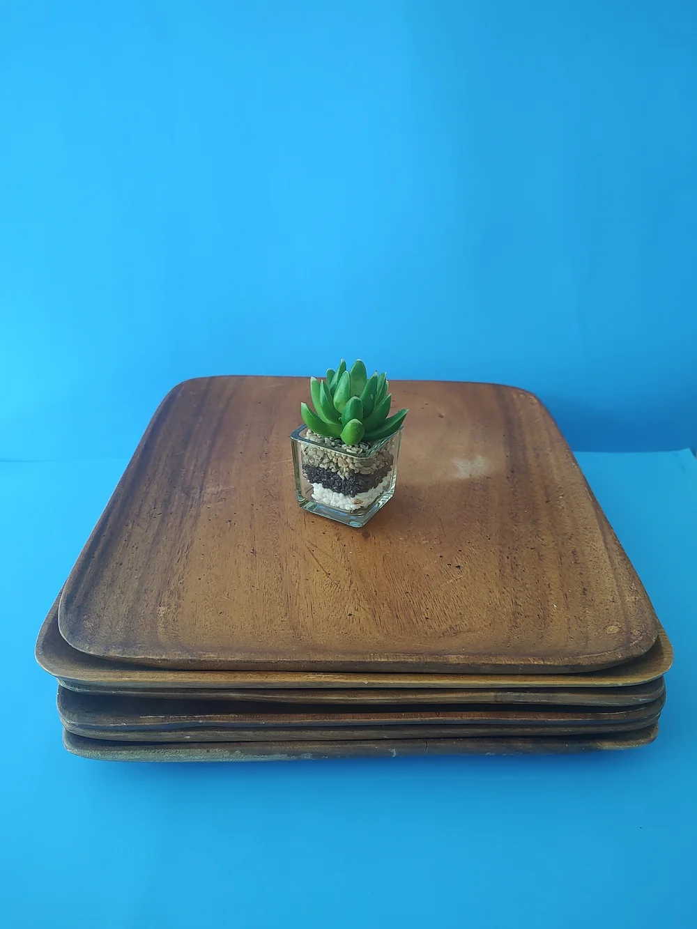 Stack of Wooden Square Serving Trays Vintage - Brown